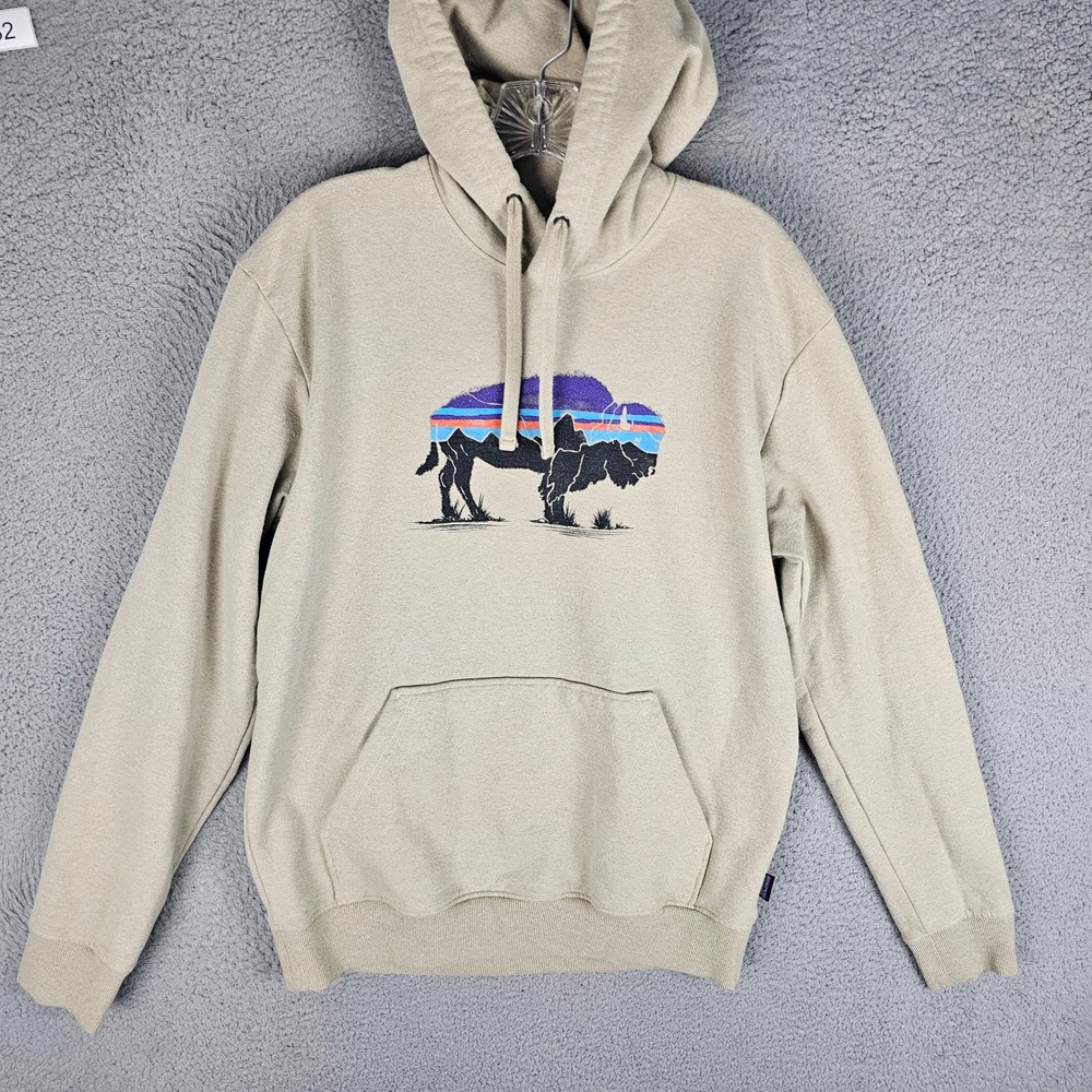 Patagonia Hoodie Mens M Tan Uprisal Buffalo Graphic Pullover Sweatshirt